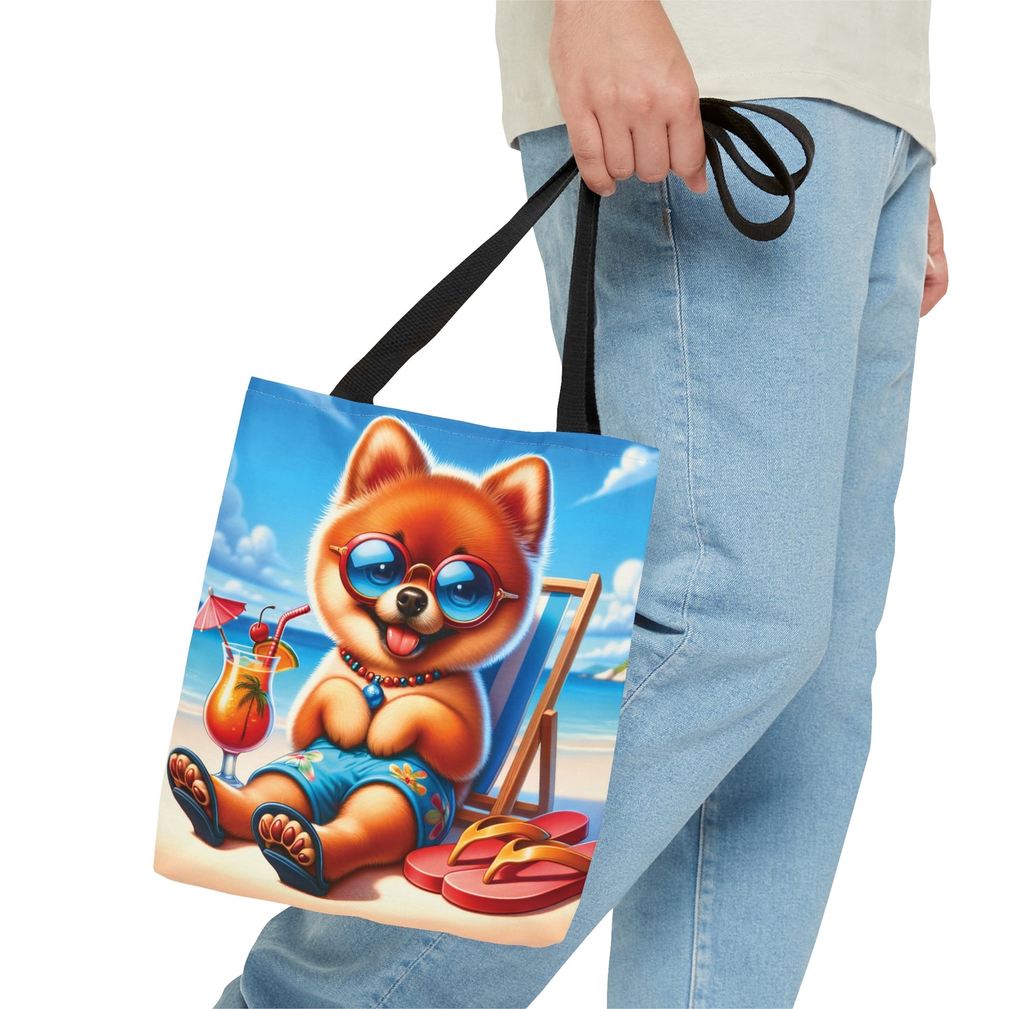 Tote Bag, Dog on Beach, Pomeranian in shorts, Tote bag, awd-1232