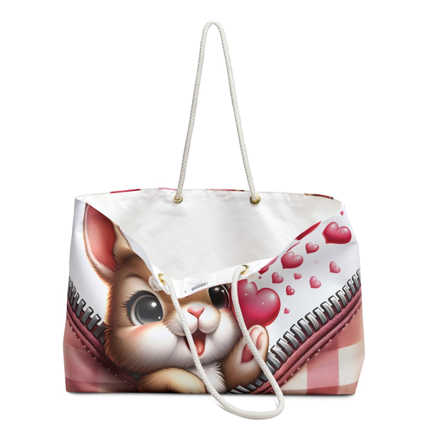 Personalised/Non-Personalised Weekender Bag, Cute Rabbit, Zipper, Valentines Day, Large Weekender Bag, Beach Bag, Book Bag