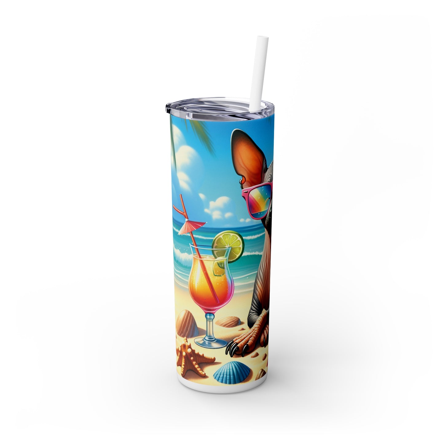 Skinny Tumbler with Straw, 20oz, Dog on Beach, Xloitcuintli, awd-1253