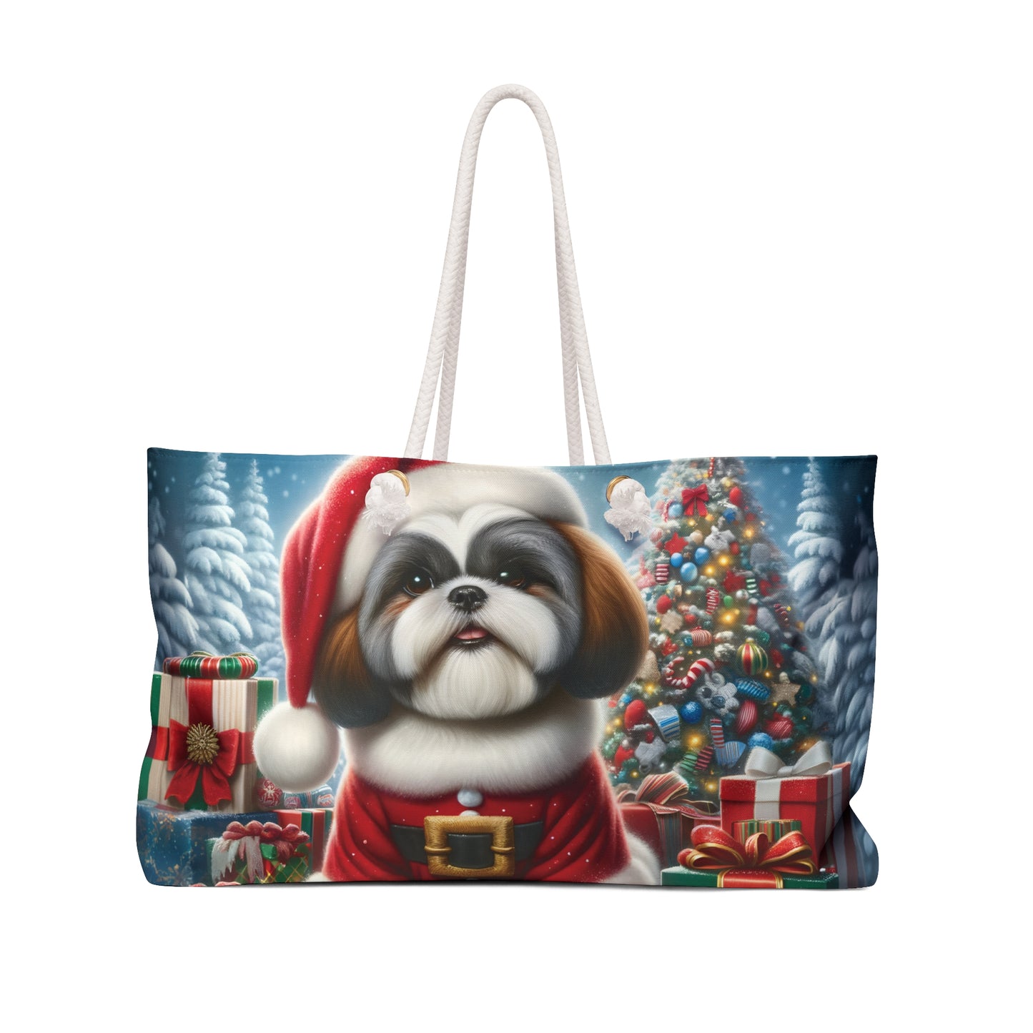 Personalised/Non-Personalised Weekender Bag, Christmas, Cute Dog, Large Weekender Bag, Beach Bag, Book Bag