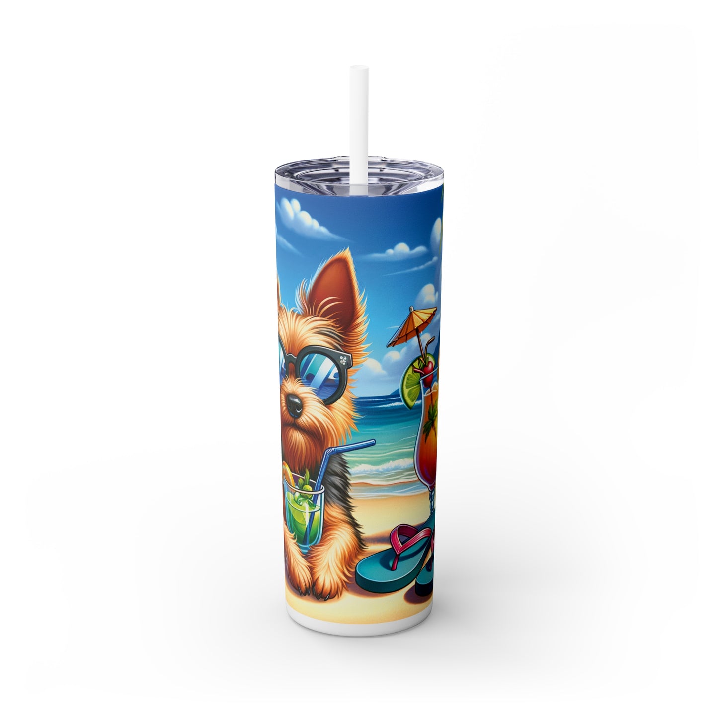 Skinny Tumbler with Straw, 20oz, Dog on Beach, Australian Terrier, awd-1112