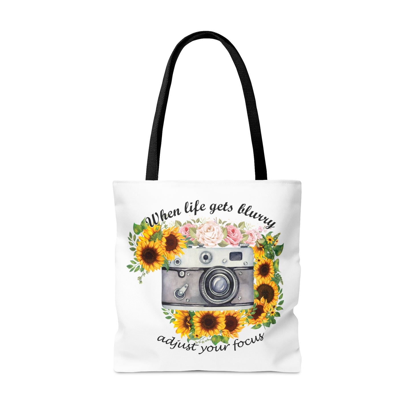 Personalised/Non-Personalised Tote Bag, Sunflower, Camera, When Life gets Blurry adjust your Focus, Tote bag