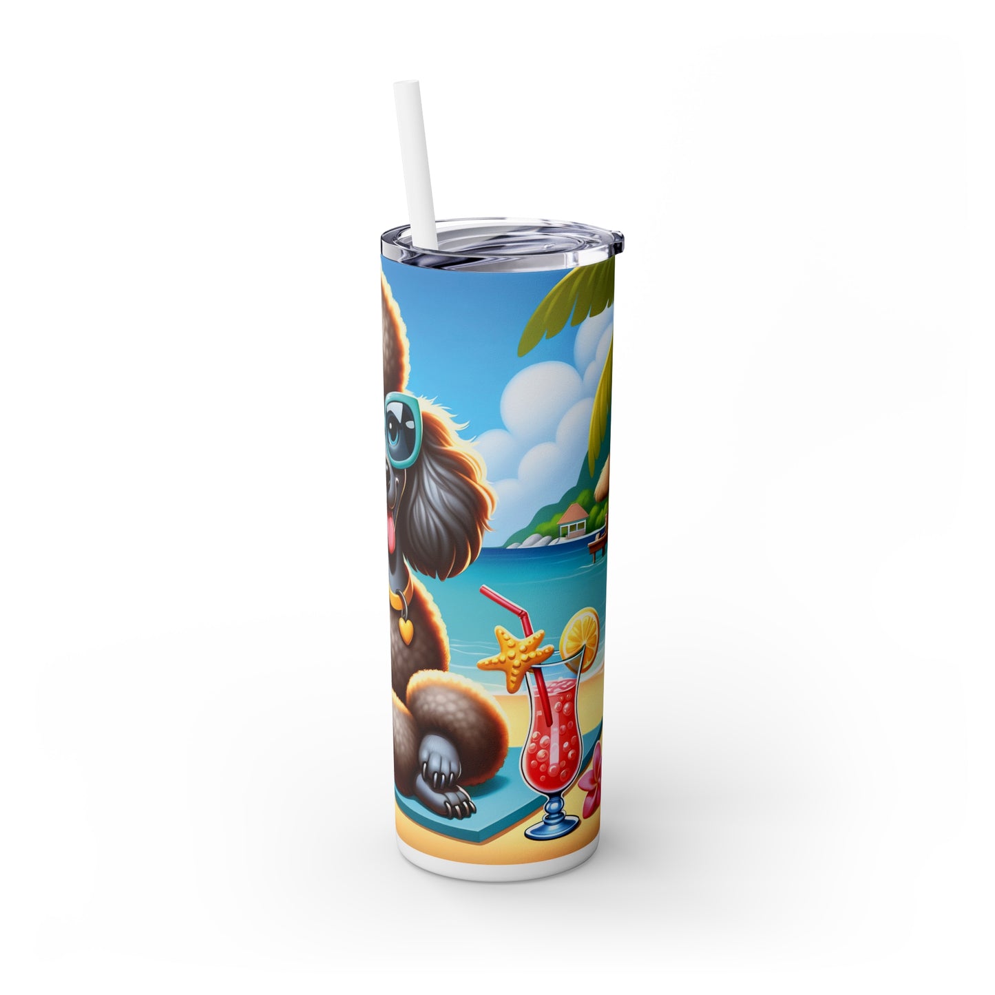 Skinny Tumbler with Straw, 20oz, Dog on Beach,  Black Poodle, awd-1345