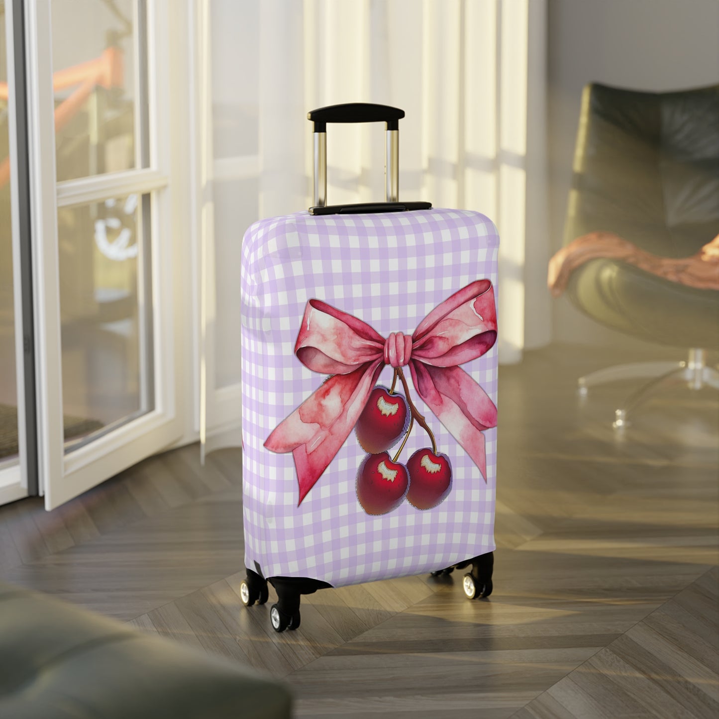 Luggage Cover, Rockabilly, Coquette, Pastel Purple Gingham, Cherries and Ribbon, awd-2512