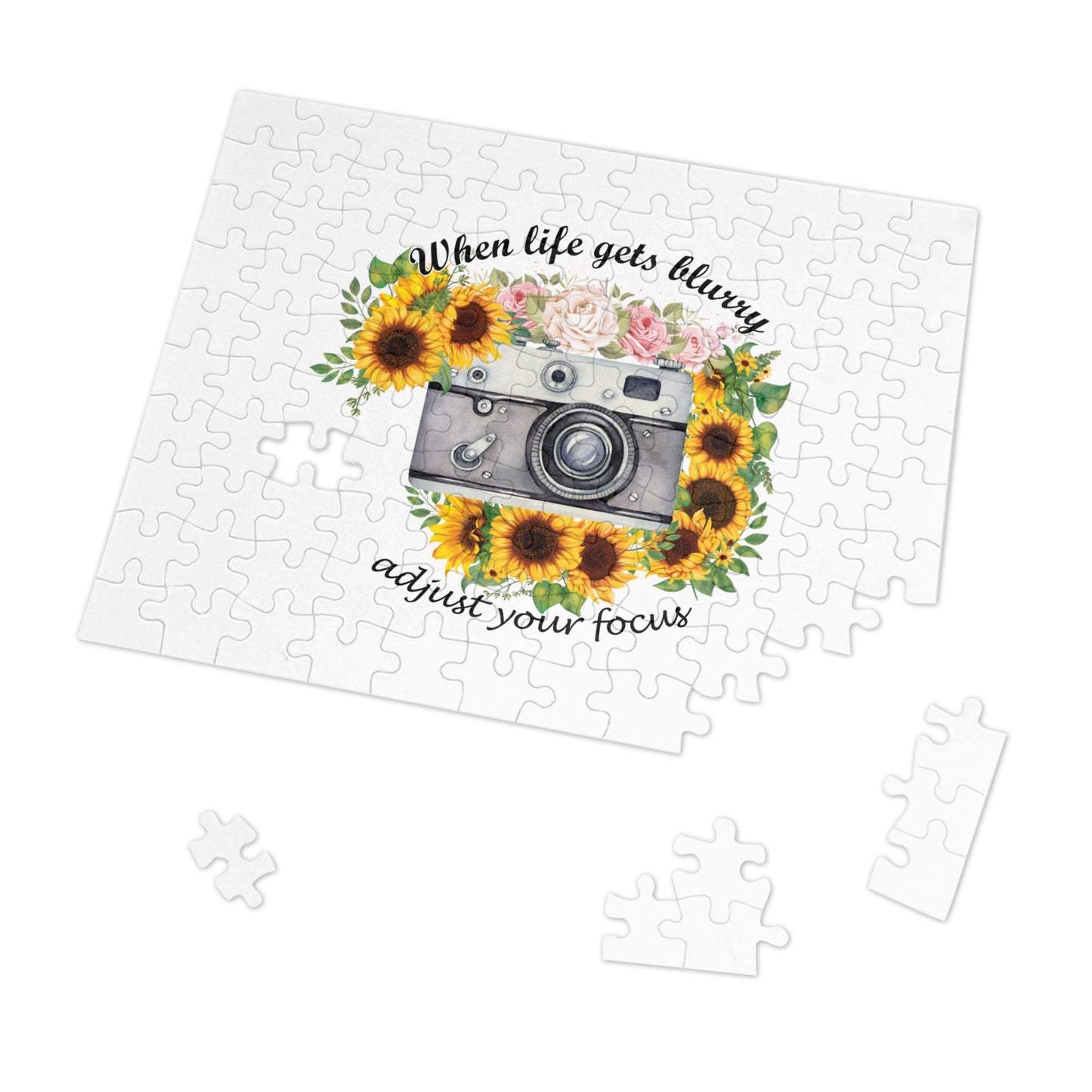 Jigsaw Puzzle, Sunflower, Camera, When life gets blurry adjust your focus, Personalised/Non-Personalised (30, 110, 252, 500,1000-Piece)