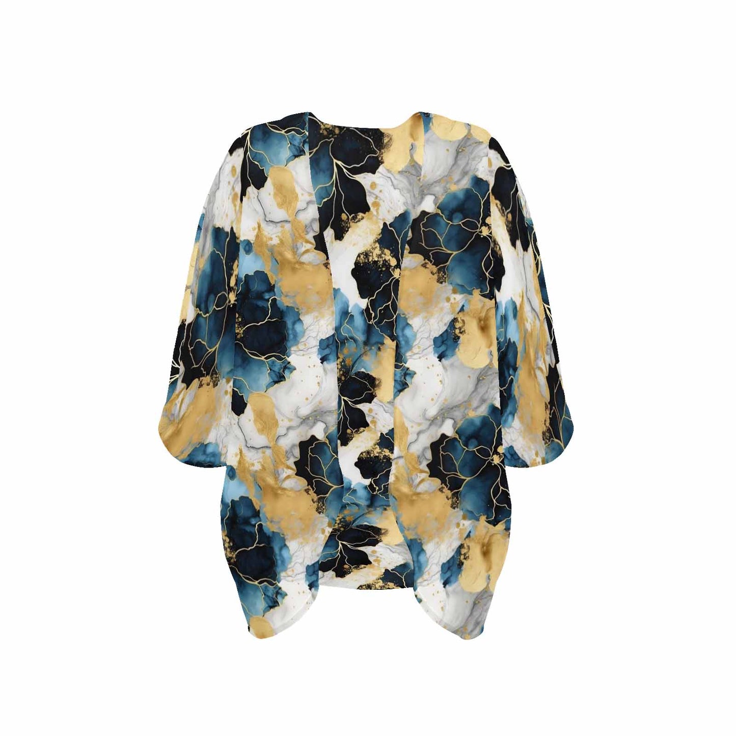 Blue Ink Floral Women's Kimono Chiffon Cover Up