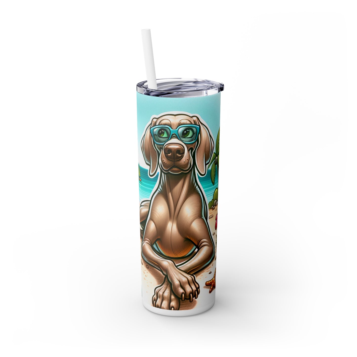 Skinny Tumbler with Straw, 20oz, Dog on Beach, Weimaraner, awd-1251