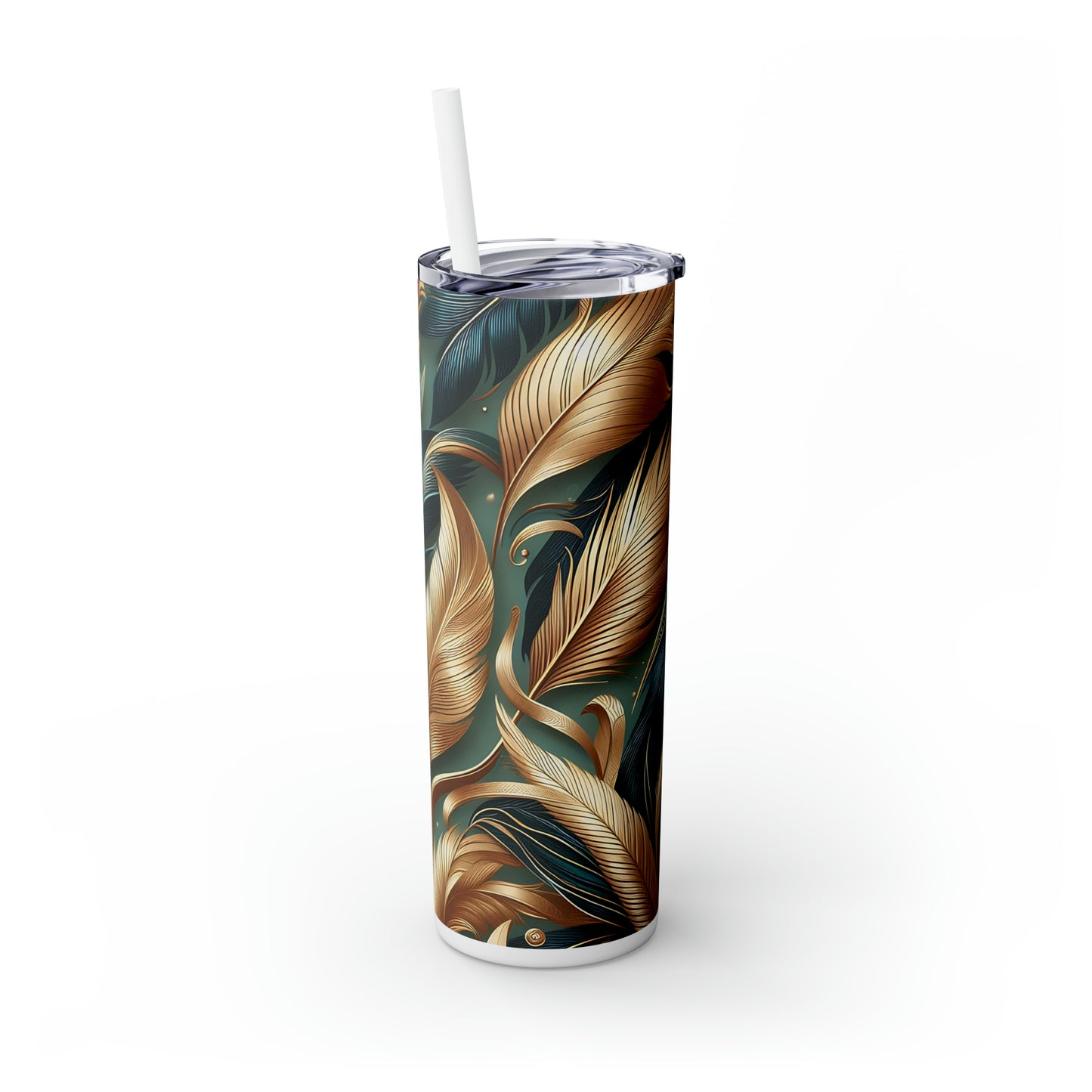 Skinny Tumbler with Straw, 20oz, Green and Gold Leaves, awd-307