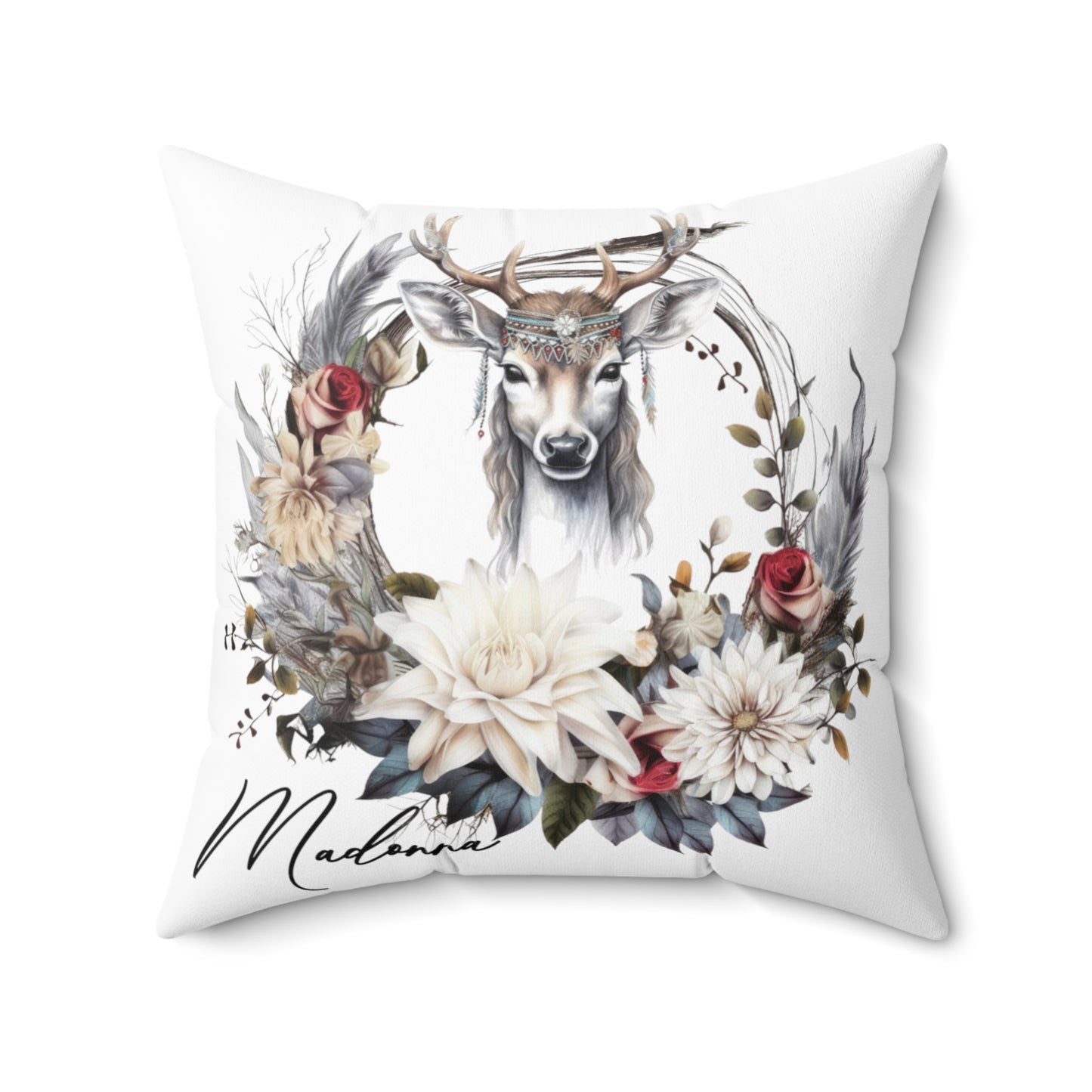 Personalised Boho Reindeer Wreath Cushion, Polyester Square Cushion, Christmas cushion