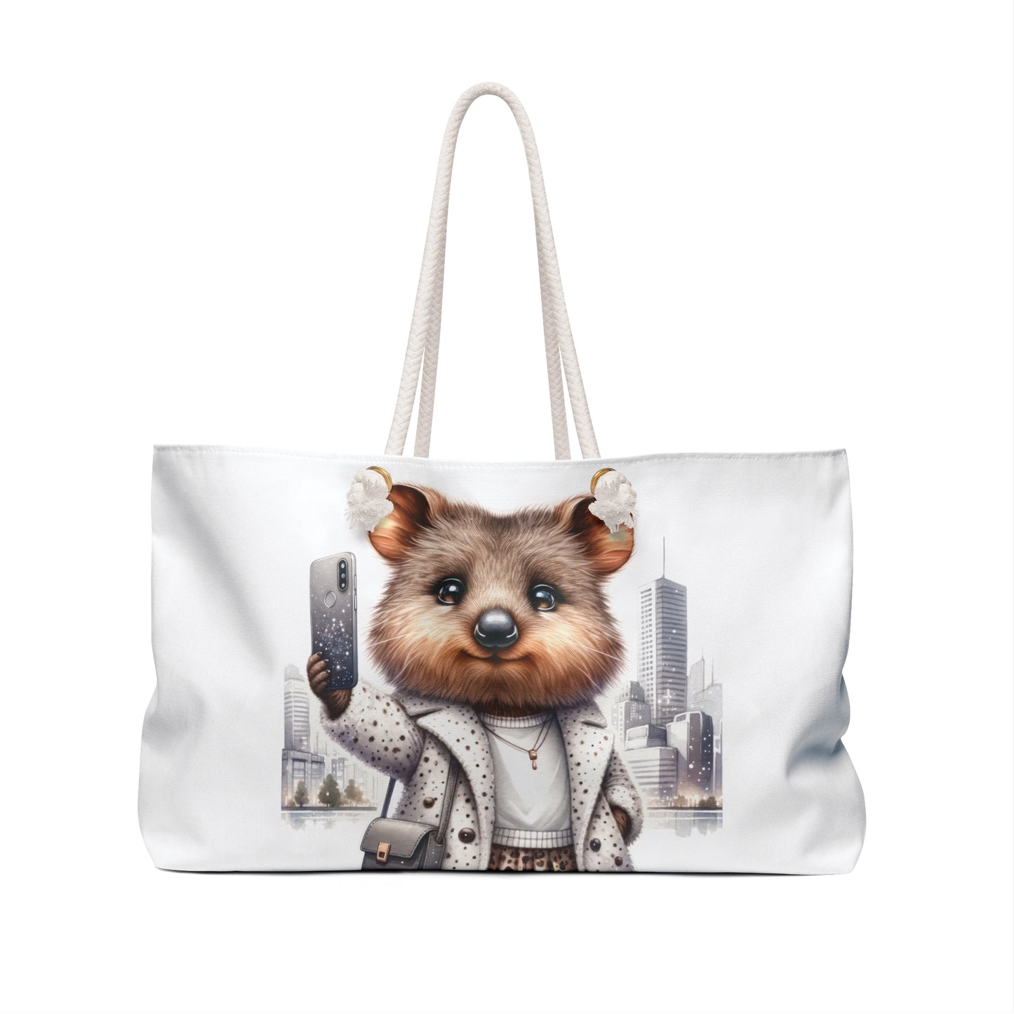 Personalised/Non-Personalised Weekender Bag, Australian Animals, Quokka, Travelling taking a Selfie, Large Weekender Bag, Beach Bag, Book Bag