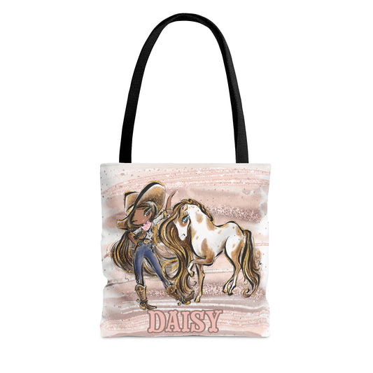 Personalised Tote Bag, Cowgirl & Horse, Brown Hair, Olive Skin, Brown Eyes, Tote bag