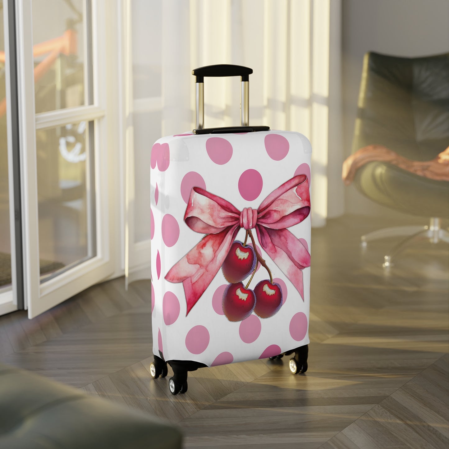 Luggage Cover, Rockabilly, Coquette, Pink Polka Dots, Cherries and Ribbon, awd-2502