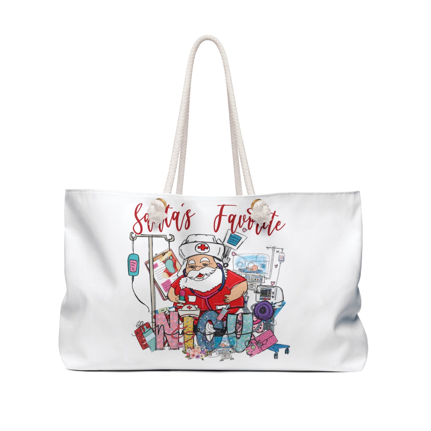 Personalised/Non-Personalised Weekender Bag, Santa's Favorite NICU Nurse, Large Weekender Bag, Beach Bag, Book Bag