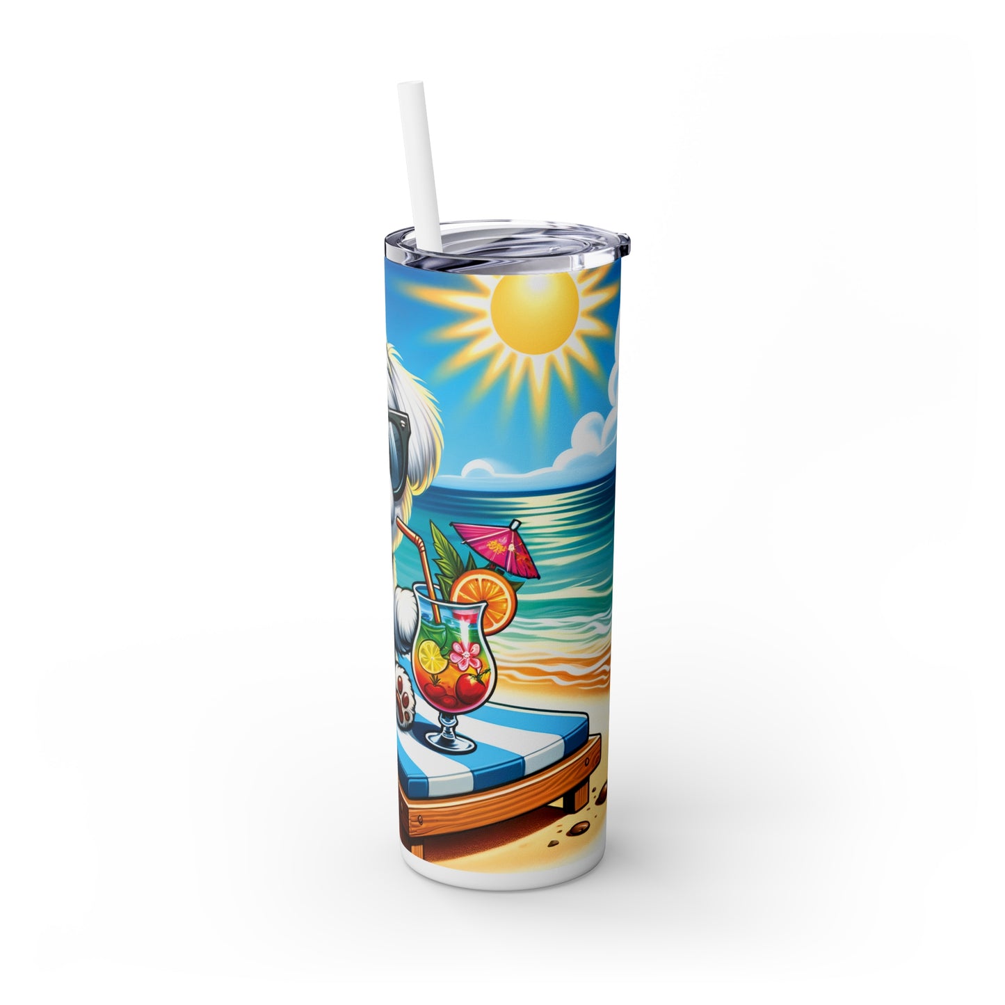 Skinny Tumbler with Straw, 20oz, Dog on Beach, Maltese, awd-1221