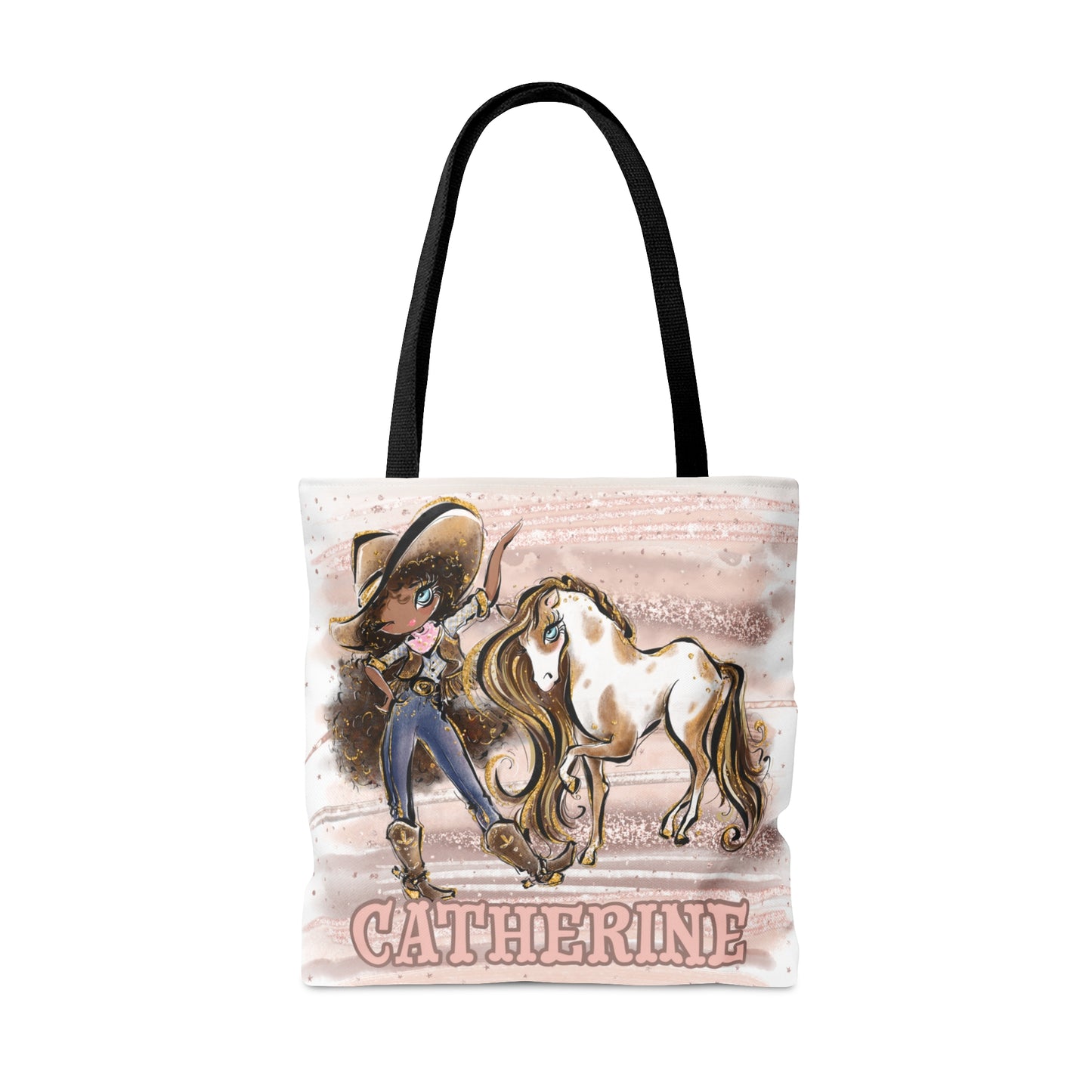 Personalised Tote Bag, Cowgirl & Horse, Brown Curly Hair, Olive Skin, Blue Eyes, Tote bag