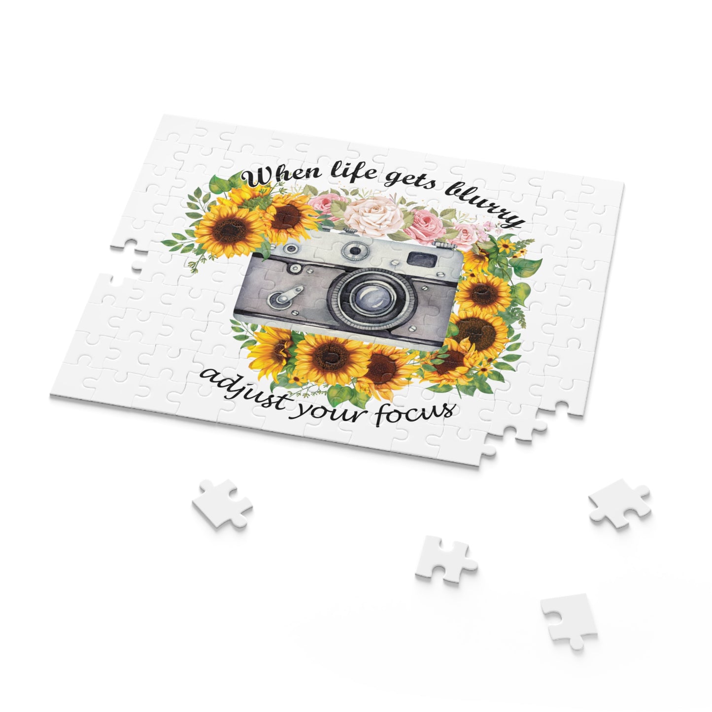 Personalised/Non-Personalised Puzzle, Sunflowers, Camera, When life gets blurry adjust the focus (120, 252, 500-Piece)