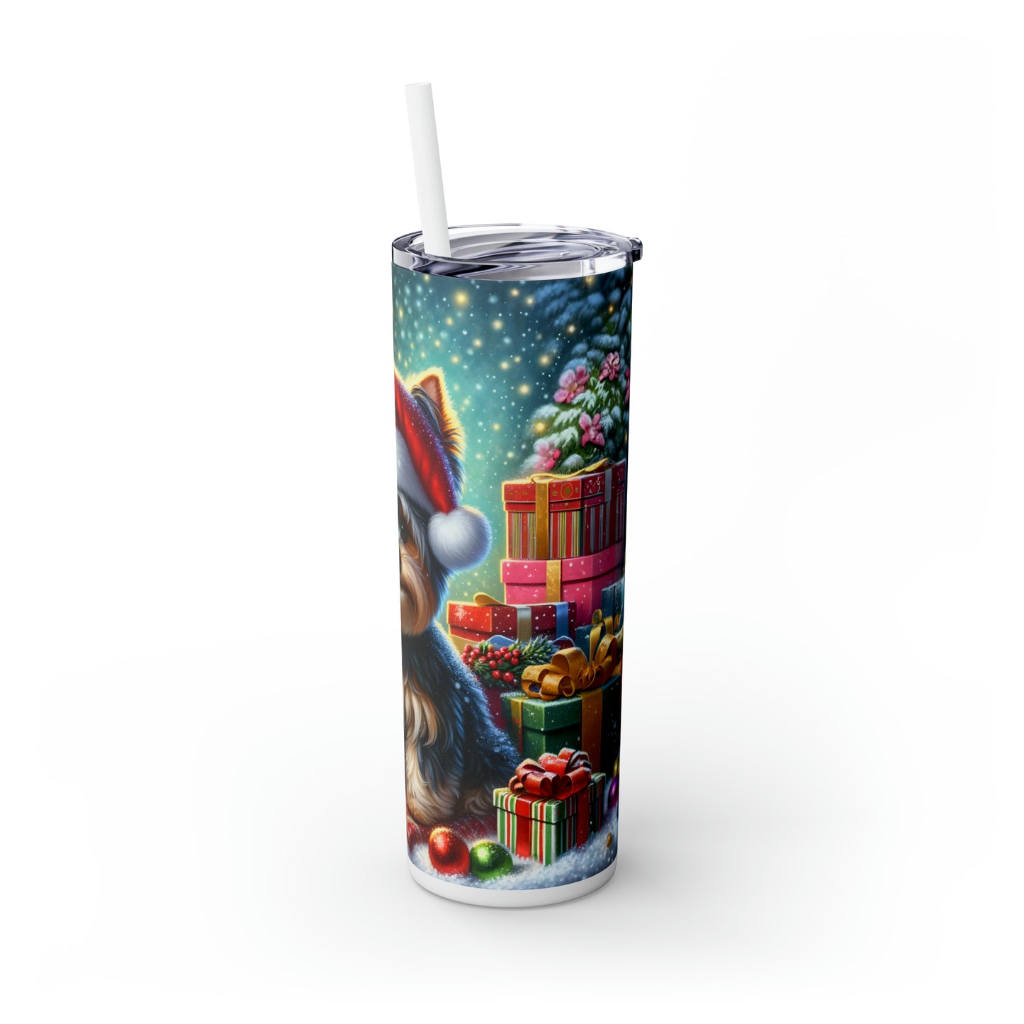 Skinny Tumbler with Straw, 20oz, Christmas Yorkshire Terrier