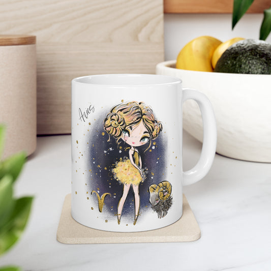 Personalised/Non Personalised Zodiac Sign, Aries, Ceramic Mug 11oz Blonde Hair - Blue Eyes - Bg