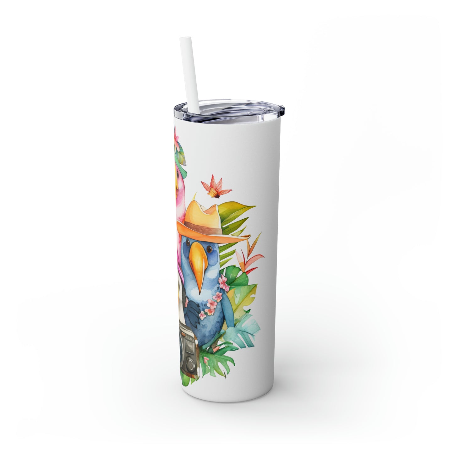 Skinny Tumbler with Straw, 20oz, Tropical Birds