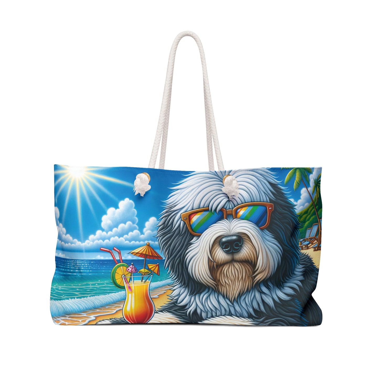 Personalised/Non-Personalised Weekender Bag, Summer Beach Dog, Old English Sheepdog, Large Weekender Bag, Beach Bag, Book Bag