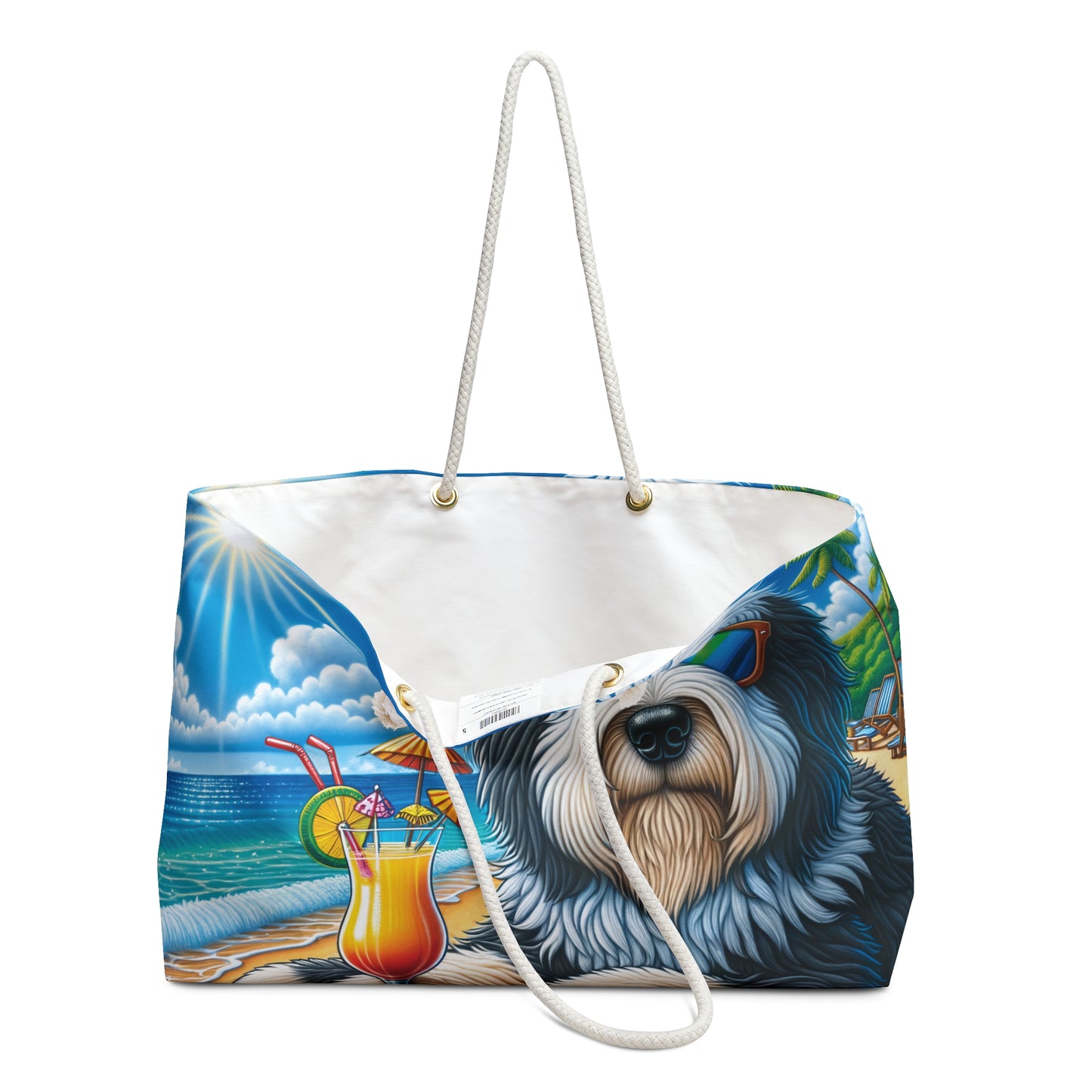 Personalised/Non-Personalised Weekender Bag, Summer Beach Dog, Old English Sheepdog, Large Weekender Bag, Beach Bag, Book Bag