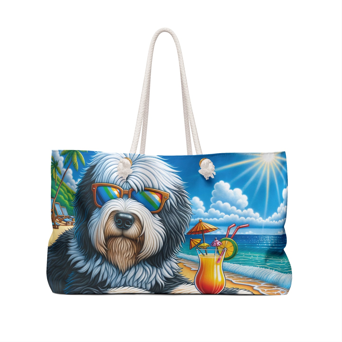 Personalised/Non-Personalised Weekender Bag, Summer Beach Dog, Old English Sheepdog, Large Weekender Bag, Beach Bag, Book Bag