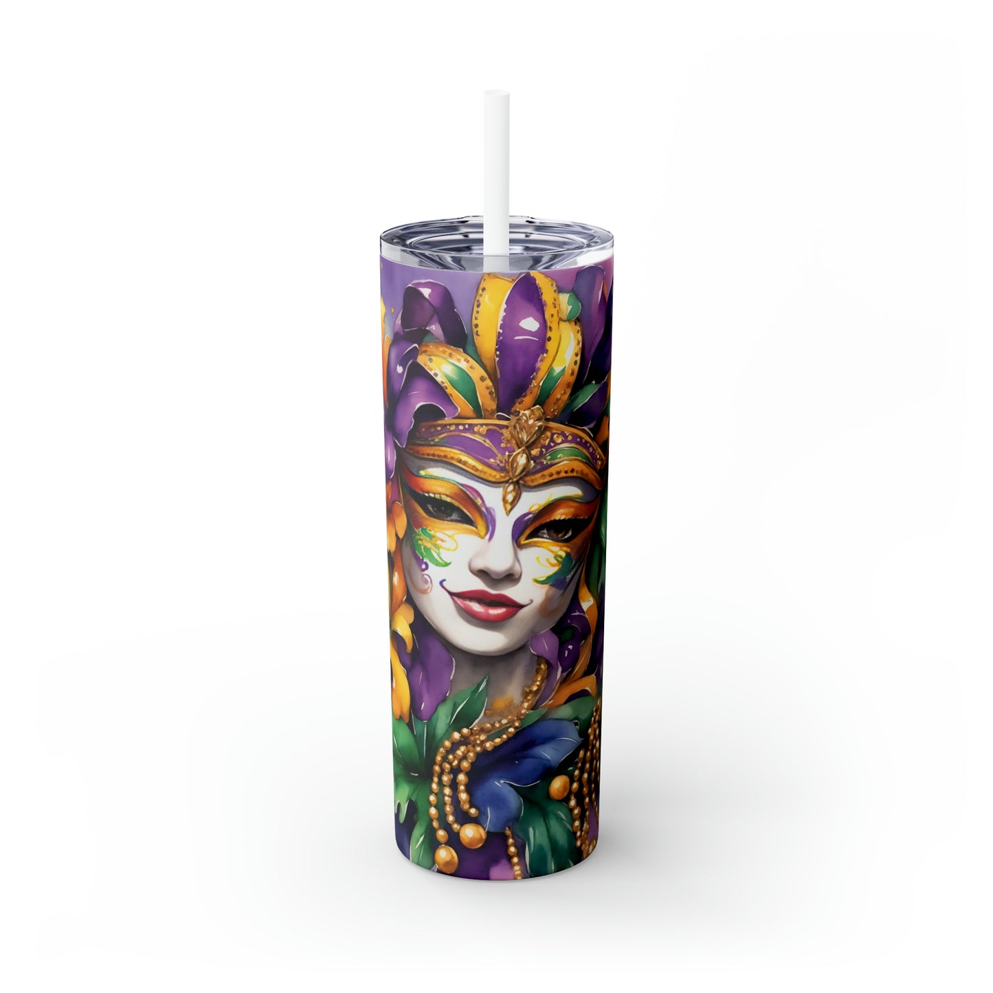 Skinny Tumbler with Straw, 20oz, Mardi Gras