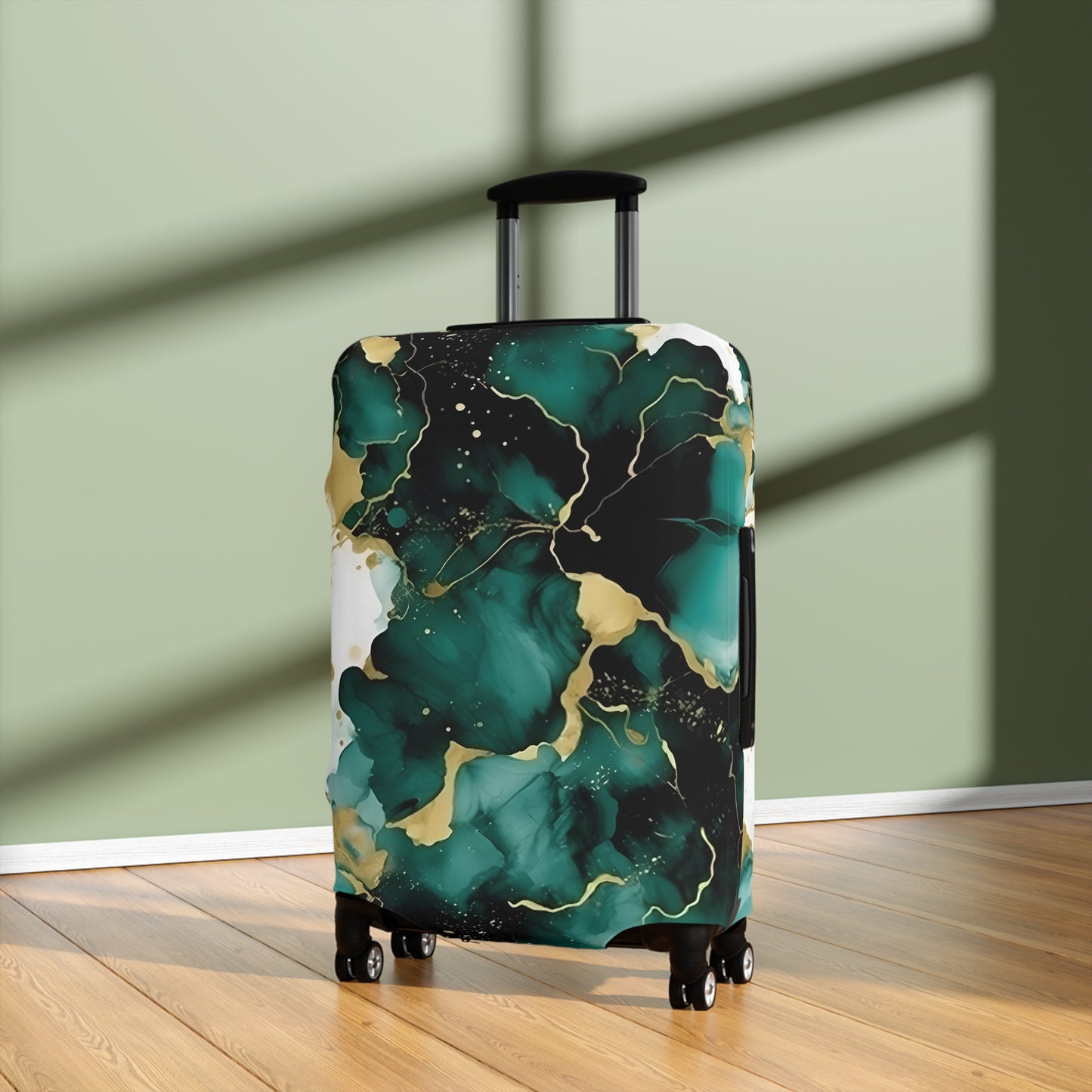 Luggage Cover, Alcohol Ink Green and Gold Floral