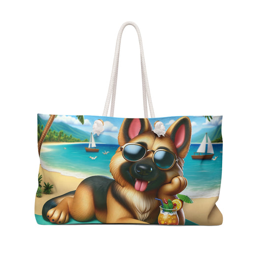 Personalised/Non-Personalised Weekender Bag, Summer Beach Dog, German Shepherd, Large Weekender Bag, Beach Bag, Book Bag