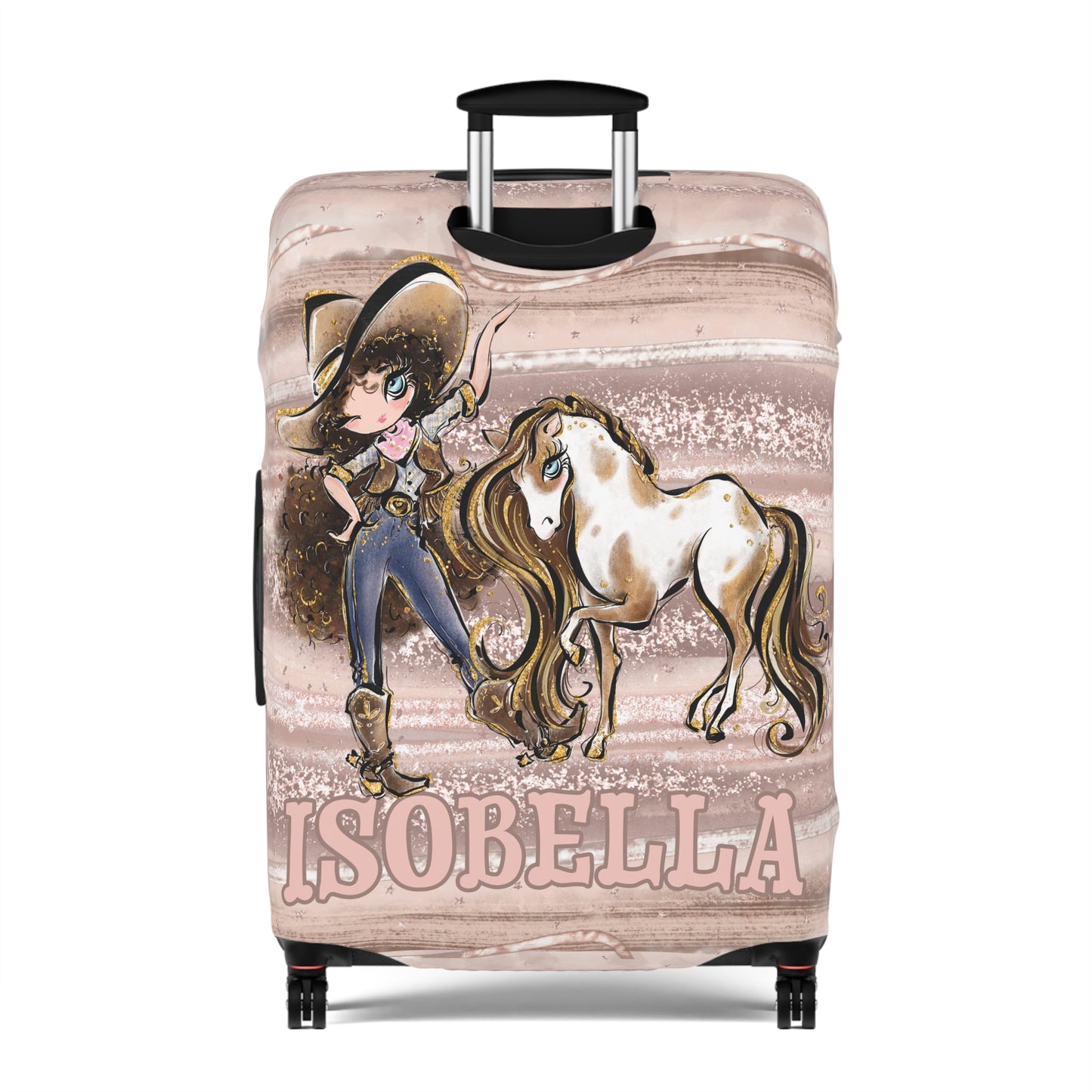 Luggage Cover, Howdy Cowgirl and Horse, Brunette Curly Hair Blue Eyes