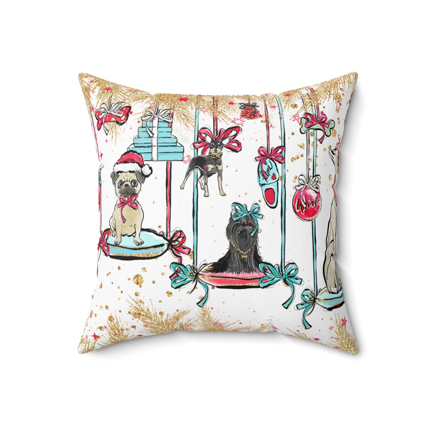 Spun Polyester Square Pillow, Doggie Ornaments Christmas Cushion