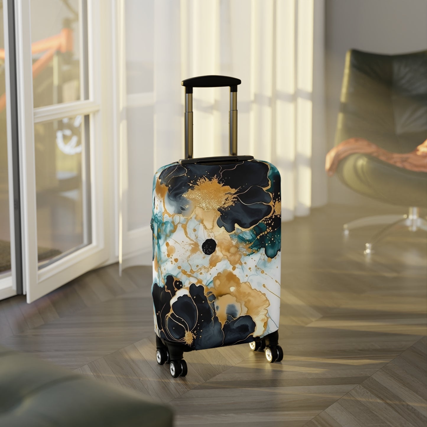 Luggage Cover, Alcohol Ink Black, Green and Gold Floral