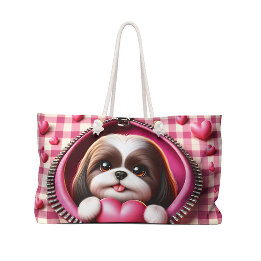 Personalised/Non-Personalised Weekender Bag, Cute Dog, Zipper, Valentines Day, Large Weekender Bag, Beach Bag, Book Bag