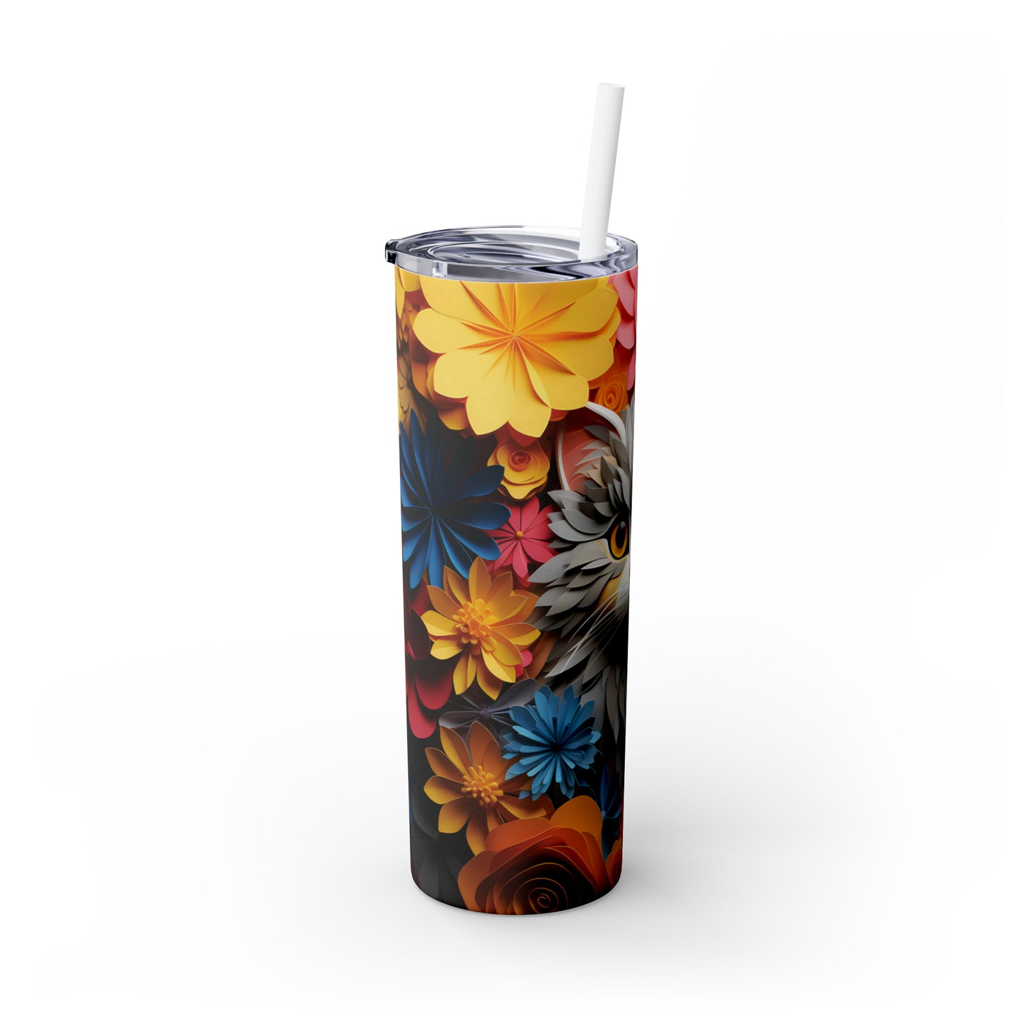 Skinny Tumbler with Straw, 20oz, Floral Paper Cut Cat, awd-423