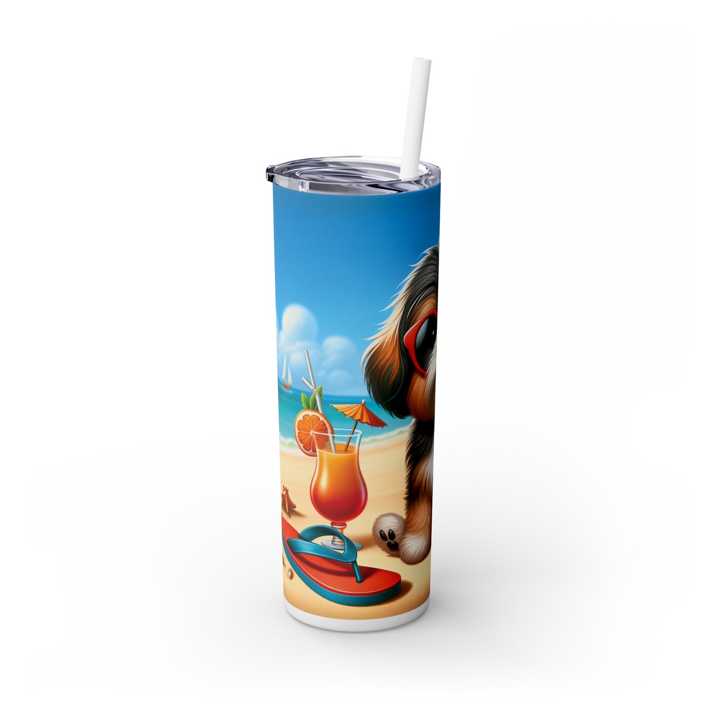 Skinny Tumbler with Straw, 20oz, Dog on Beach, Havanese, awd-1215