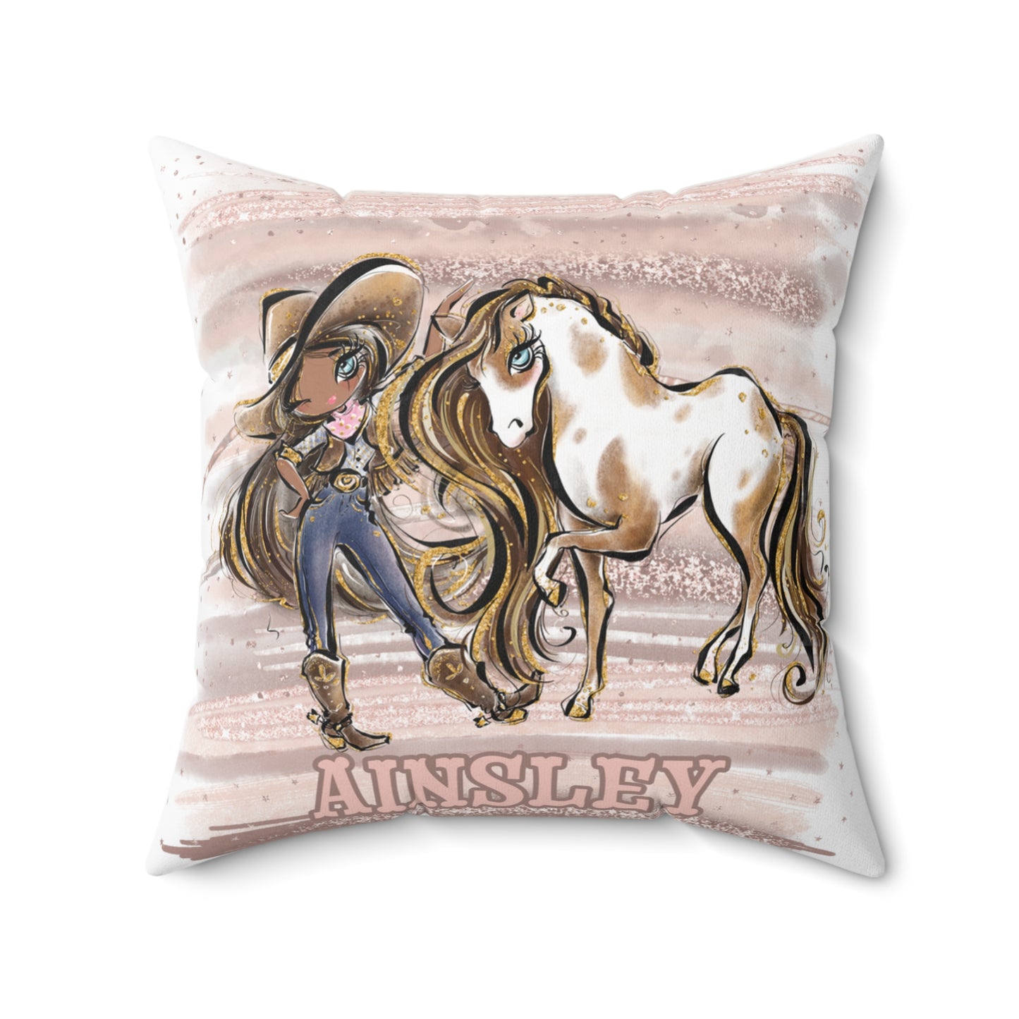 Personalised Cowgirl and Horse Cushion,  Brown Hair, Olive Skin, Blue Eyes, Polyester Square Cushion, Christmas cushion