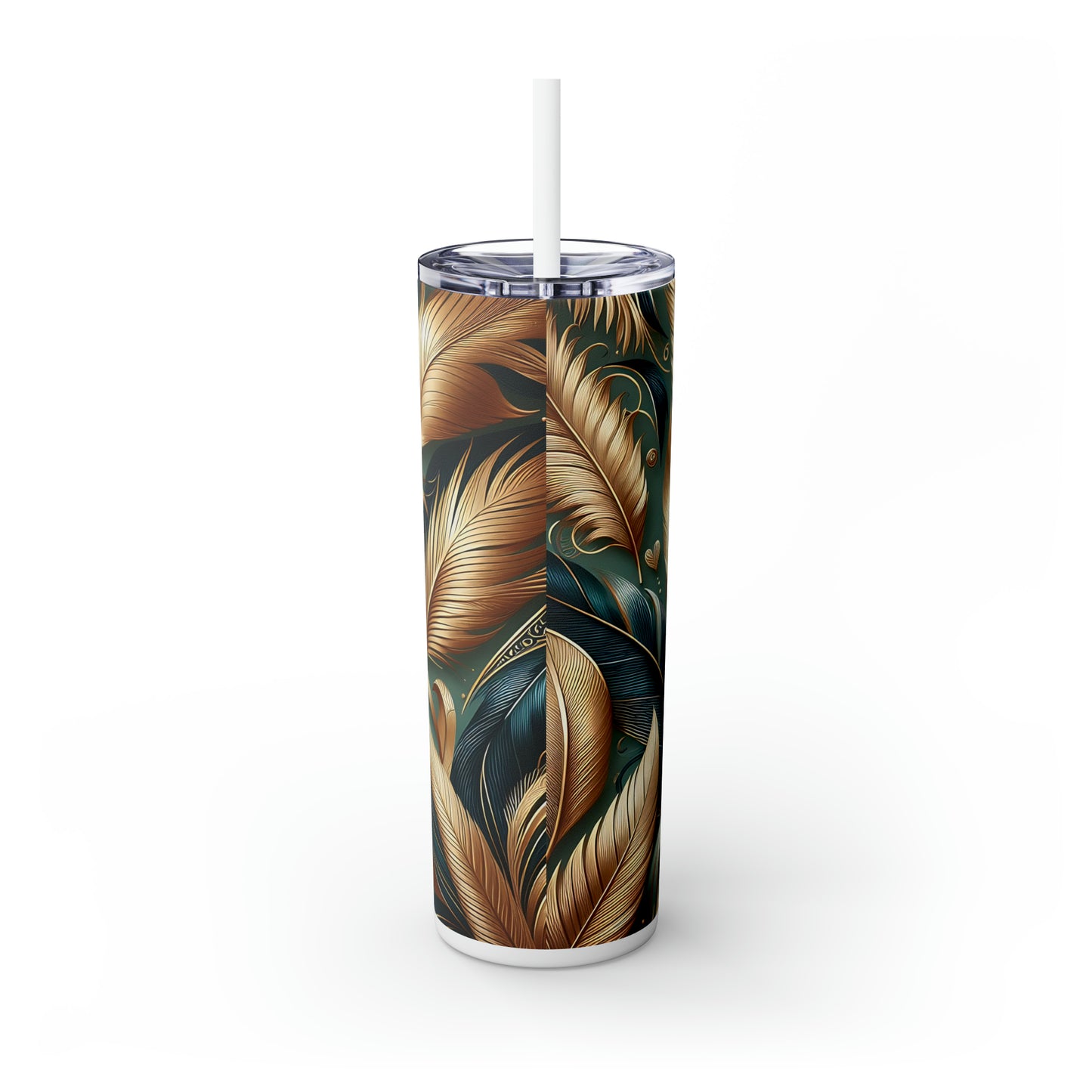 Skinny Tumbler with Straw, 20oz, Green and Gold Leaves, awd-307