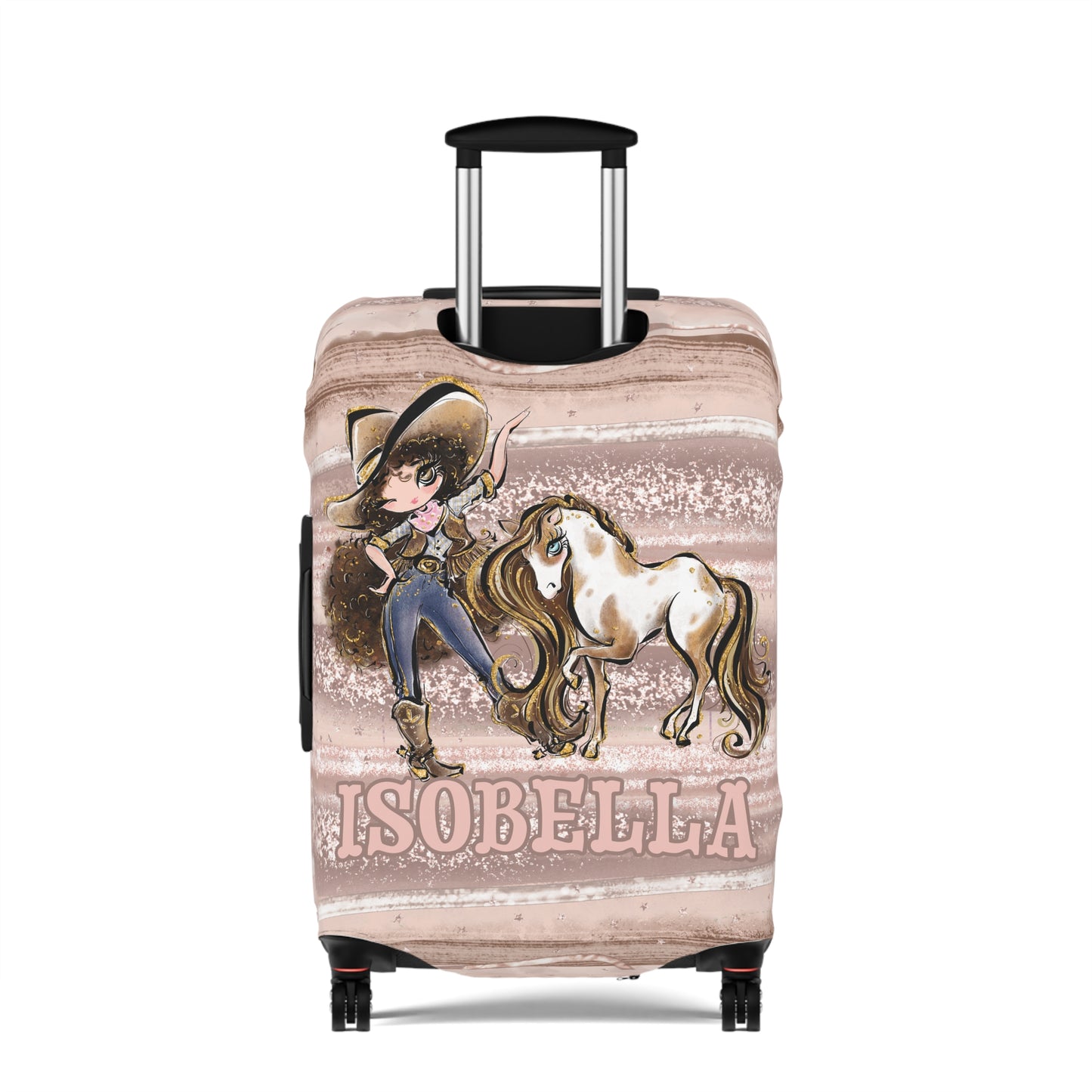 Luggage Cover, Howdy Cowgirl and Horse, Brunette Curly Hair Brown Eyes