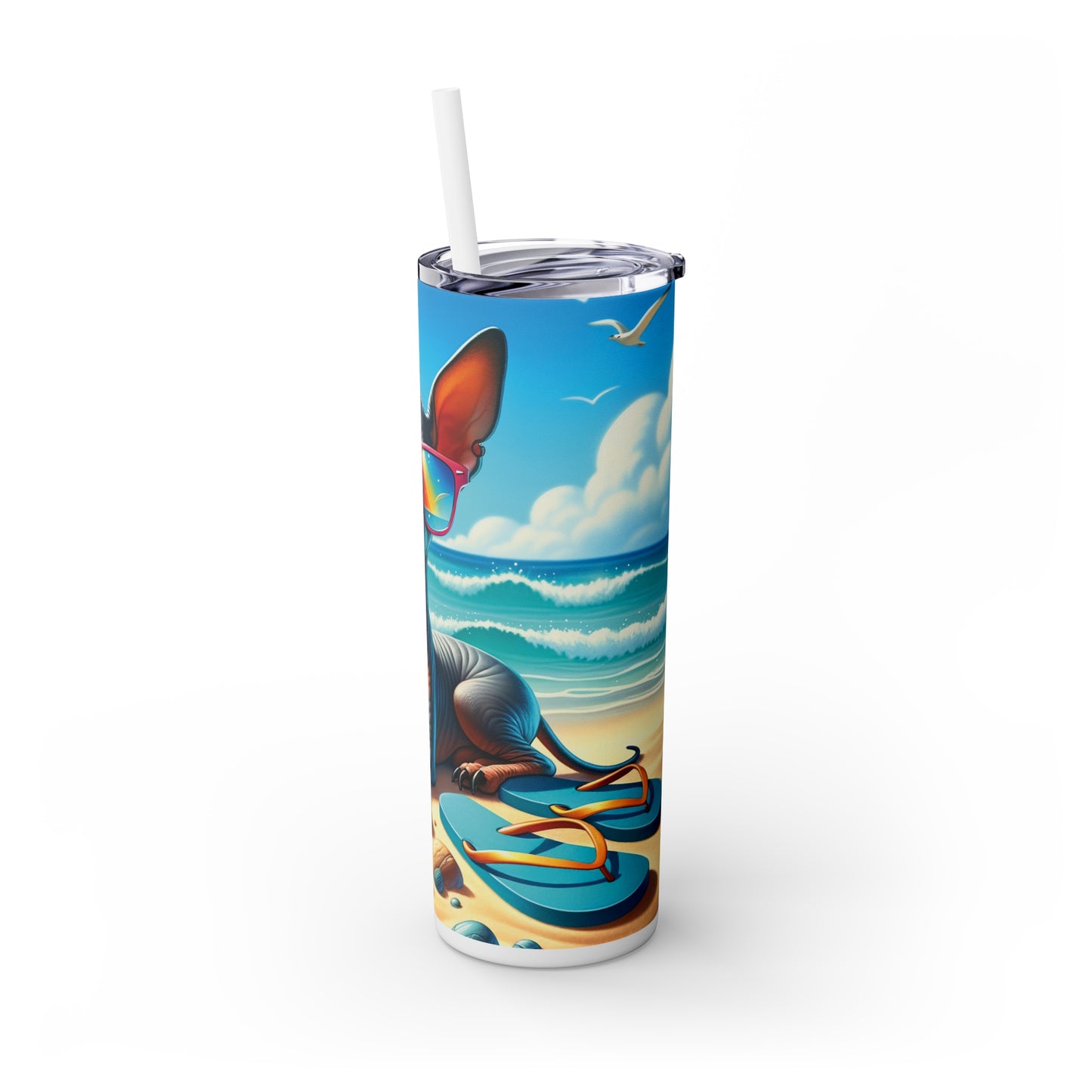 Skinny Tumbler with Straw, 20oz, Dog on Beach, Xloitcuintli, awd-1253