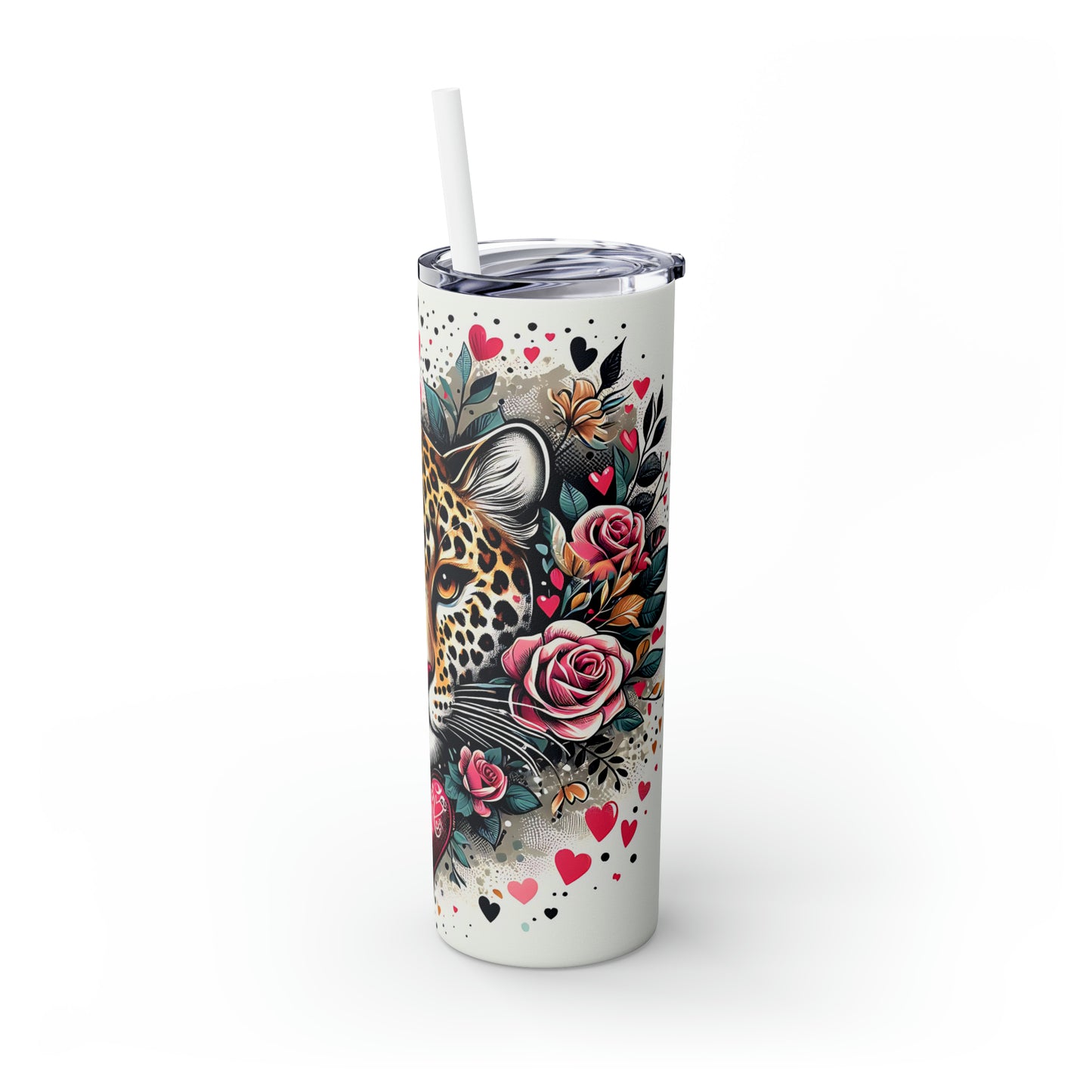 Skinny Tumbler with Straw, 20oz, Heart Leopard, awd-422