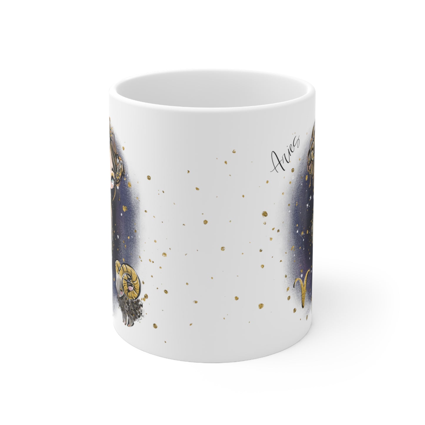 Personalised/Non Personalised Zodiac Sign, Aries, Ceramic Mug 11oz Brunette Hair - Blue Eyes - Bg