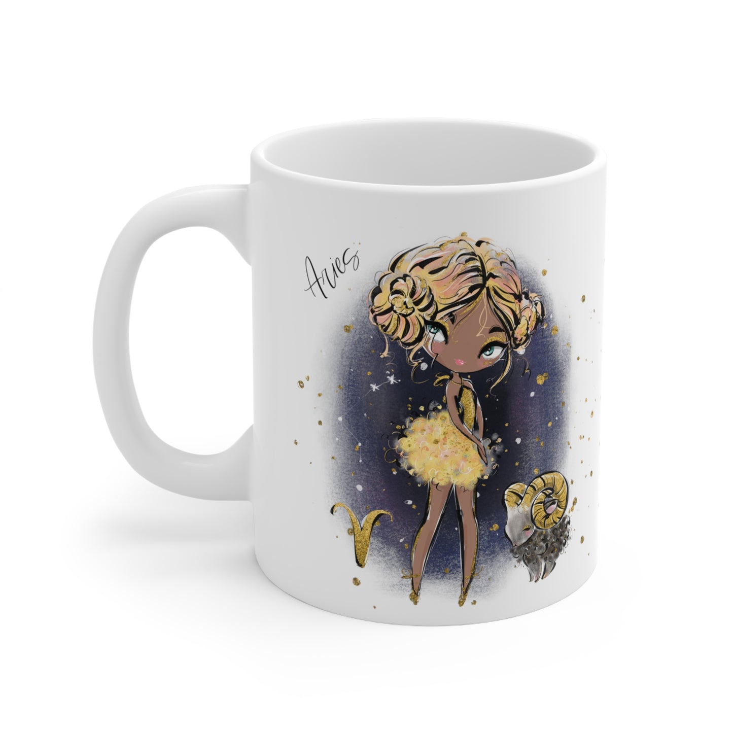 Personalised/Non Personalised Zodiac Sign, Aries, Ceramic Mug 11oz Blonde Hair - Blue Eyes - Bg