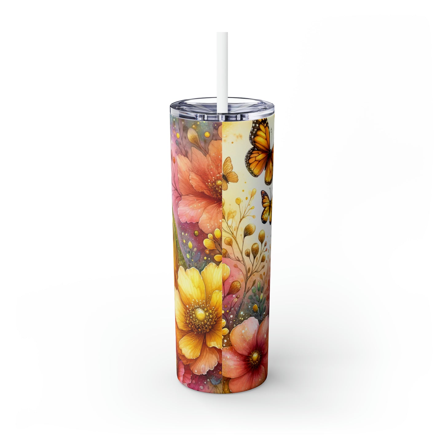 Skinny Tumbler with Straw, 20oz, Floral & Frog, awd-410