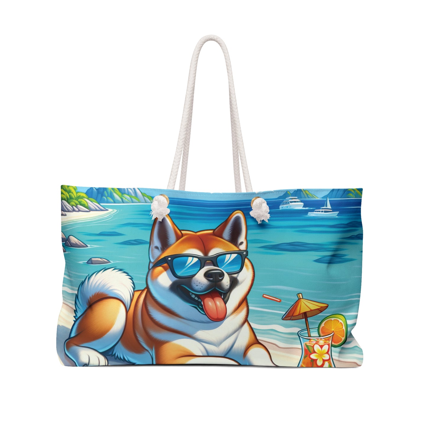 Personalised/Non-Personalised Weekender Bag, Summer Beach Dog, Akita, Large Weekender Bag, Beach Bag, Book Bag