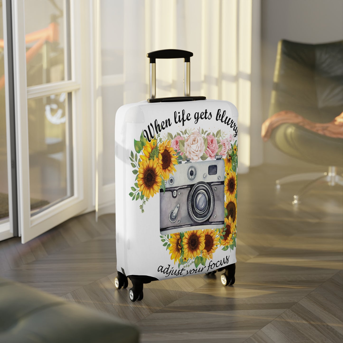 Luggage Cover, Camera, Sunflowers, When life gets Blurry adjust your Focus, awd-1372