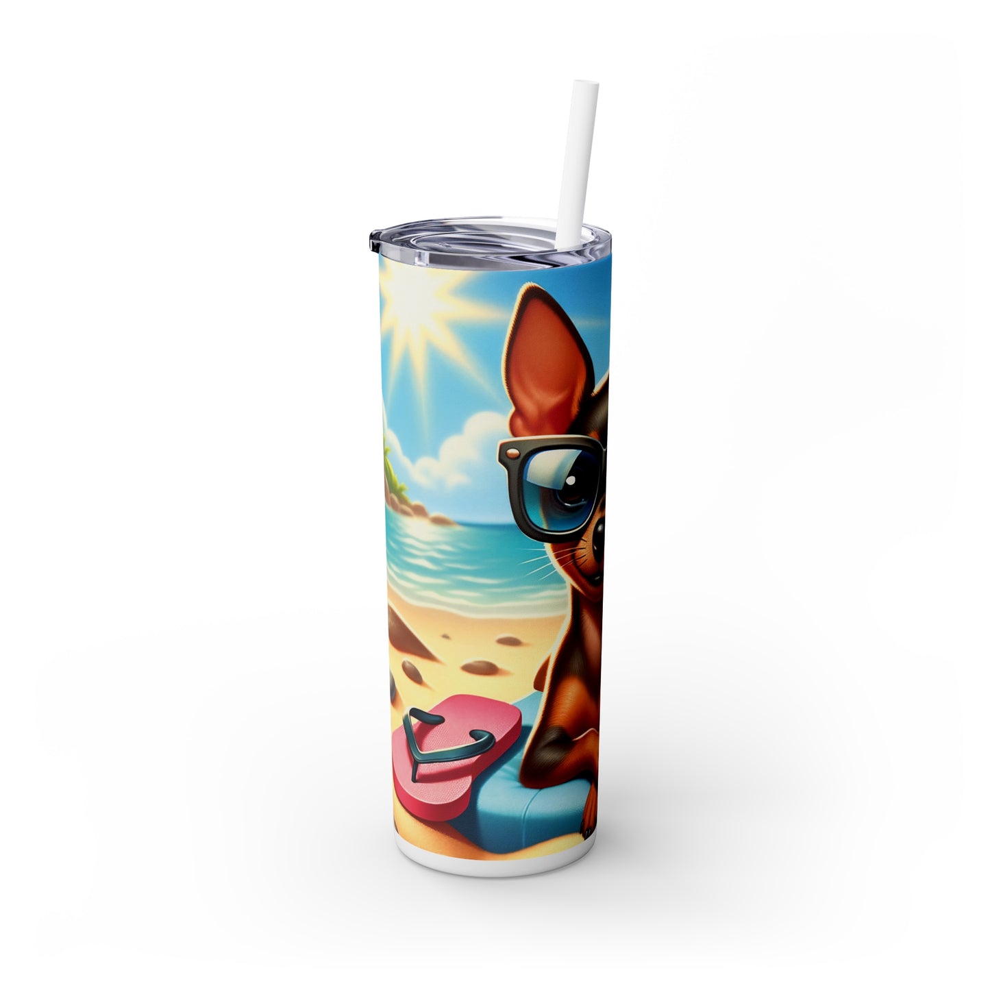 Skinny Tumbler with Straw, 20oz, Dog on Beach, Miniature Pincher, awd-1225