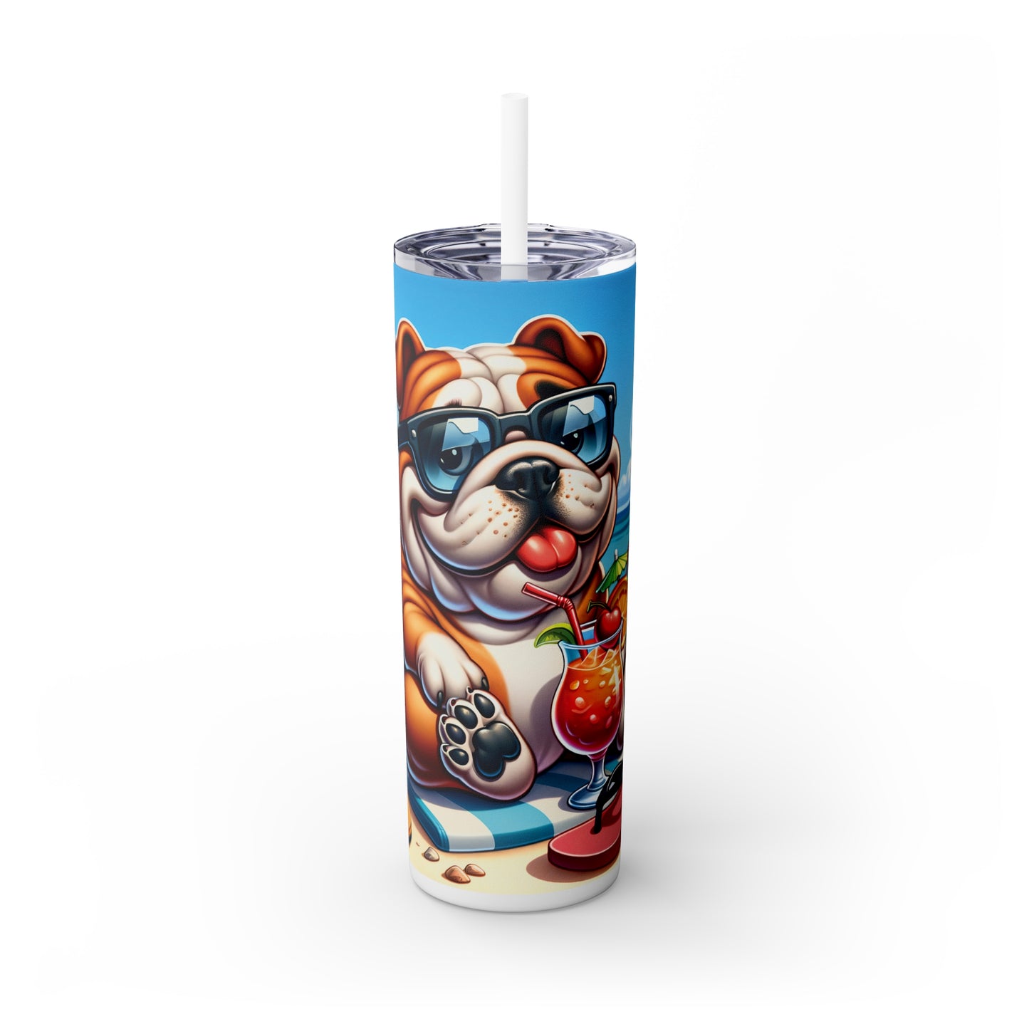 Skinny Tumbler with Straw, 20oz, Dog on Beach, English Bulldog, awd-1210