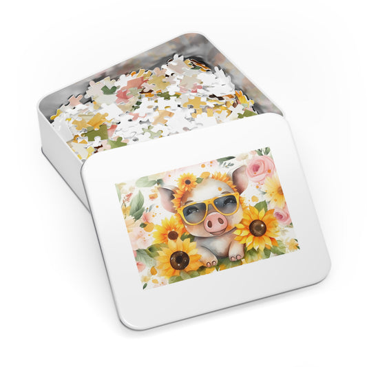 Puzzle, Pig, Sunflowers, Personalised/Non-Personalised (30, 110, 252, 500,1000-Piece) awd-657