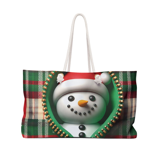 Personalised/Non-Personalised Weekender Bag, Cute Snowman, Christmas, Tartan, Large Weekender Bag, Beach Bag, Book Bag