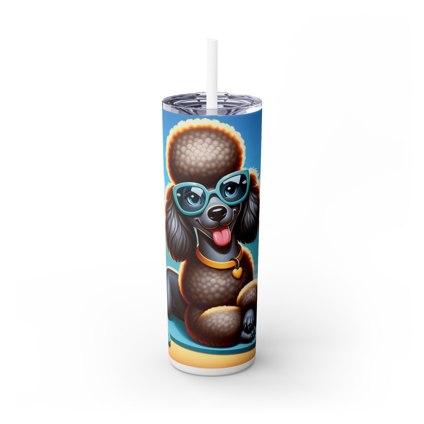 Skinny Tumbler with Straw, 20oz, Dog on Beach,  Black Poodle, awd-1345